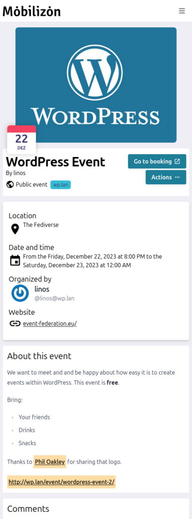 Screenshot of an Event created in WordPress but seen in Mobilizon.